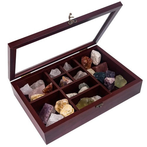 FramePro Rock Display Case, Rock Collection Display Case, Wooden Collection Box for Stones or Onyx Storage, Crystal Organizer with Real Glass Lid, Reddish-Brown