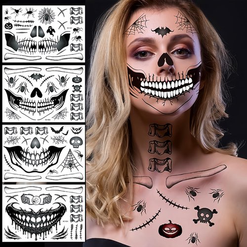 Halloween Face Stickers Temporary Tattoos Day of the Dead Fake Face Tattoos Stickers Black Spider Web and Bat Designs Face Gems Stick on DIY Temporary Tattoo for Hair Carnival Party 4PCS