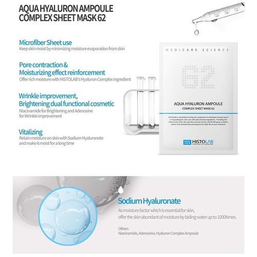 HISTOLAB Ampoule Complex Sheet Mask | 30g/1.1oz. | A Pack of 5 Sheets (Aqua Hyaluron 62) I Hydrating Mask