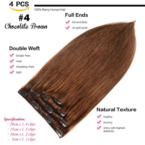 GEELOOK Clip in Hair Extensions Real Human Hair 20 Inch Chocolate Brown #4 Color Double Weft 100% Remy Human Hair Thick Long Soft Silky Straight 4pcs 10clips for Women 70grams
