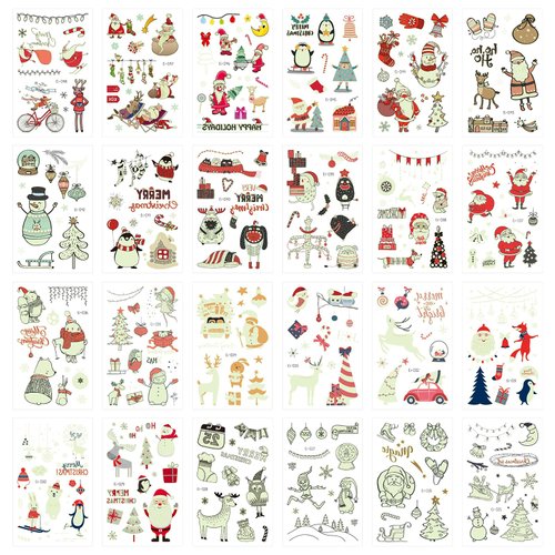 24 Sheets Glow in the Dark Christmas Tattoos, Christmas Glitter Temporary Tattoos Stickers Christmas Party Decorations Supplies for Kids Holiday Xmas Party Favors Christmas Eve Stocking Stuffer Gift
