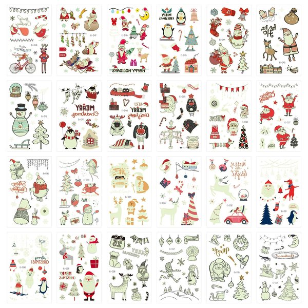 24 Sheets Glow in the Dark Christmas Tattoos, Christmas Glitter Temporary Tattoos Stickers Christmas Party Decorations Supplies for Kids Holiday Xmas Party Favors Christmas Eve Stocking Stuffer Gift
