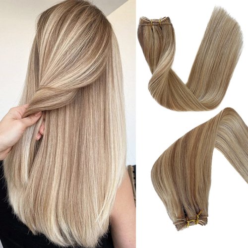 Sew in Hair Extensions Real Human Hair Blonde to Golden Blonde Highlights Hand Tied Weft Hair Extensions Natural Remy Sew in Hair Extensions 14inch 80g