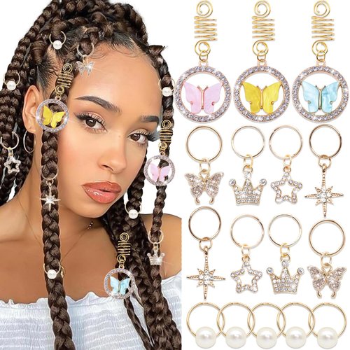 NAISKA Rhinestone Butterfly Braid Accessories Gold Star Hair Clips Braid Rings Crystal Dreadlocks Accessories Pearl Braid Cilps Beads Hair Charms Shiny Hair Accessories Braid Decoration(20PCS)