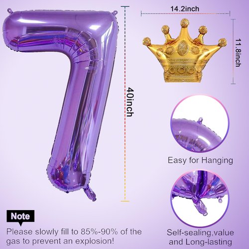 Purple 7 Balloon 40 Inch,Giant Number 7 Balloon & Mini Crown Balloon Set for Girl Boy 7th Birthday Party Decorations,Purple Birthday Party Decorations Supplies Birthday Digital Balloon