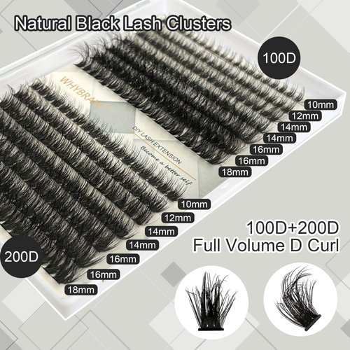 Fluffy Lash Clusters WHYBRAW 100D 200D DIY Lash Extension Kit with Lash Bond Lash Seal Lash Remover Lash Applicator 280 Pcs Volume Cluster Eyelash Extension Thick Eyelash Extension 12-18mm