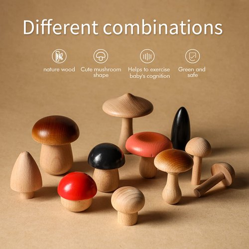 Promise Babe Wooden Mushroom Toys, Montessori Wooden Blocks Stacking Toys for Toddlers 11 Pcs, Miniature Mushroom Various Sizes Woodland Creative Craft Home Decor