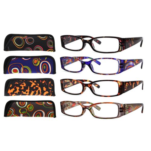 Eyekepper 4-Pack Beautiful Colors Spring Hinge Rectangular Reading Glasses +1.25