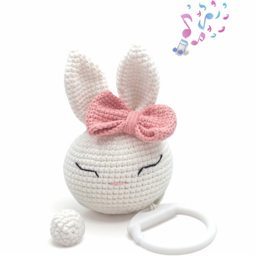 BBYP Crochet Rabbit Animal Head Toy,Baby Hanging Musical Toys, Musical Learning Toddler Toys, Attaches to Crib, Stroller and Car Seat, Soothe Baby Mood and Sleep Toys for Newborn Birthday Gifts