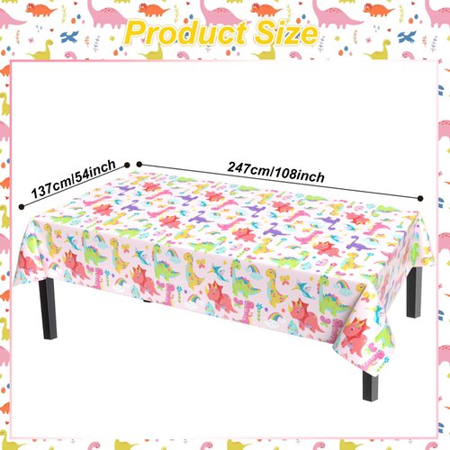 3 Pack Girl Dinosaur Birthday Party Tablecloth, Pink Dinosaur Table Cloth Rectangle, Dinosaur World Table Cover Plastic Disposable Party Decoration for Dinosaur Theme, Girls Birthday, 54x108 inch
