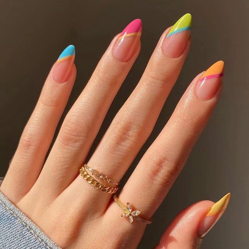 MISUD Almond Press on Nails Medium Fake Nails Glossy Glue on Nails Colorful French Tip Acrylic Na...