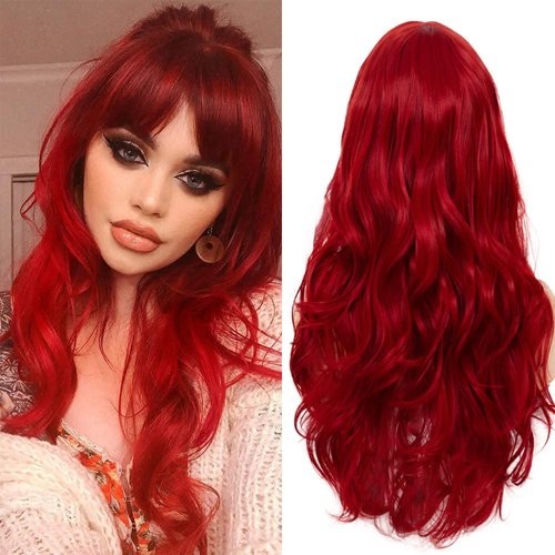 Dai Cloud Women Red Wigs with Bangs Long Red Hair Curly Wavy Synthetic Silky Hair Wigs Cosplay Halloween and Daily Use (Red)
