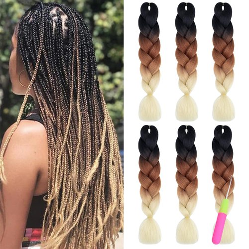 HMIEPRS 6 Pack Braiding Hair Extensions 24 Inch, Colored Pre Stretched High Temperature Synthetic Ombre Braids Hair Yaki Texture for Women Girls (Black-Brown-Beige)