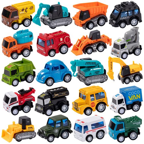 weilaga 20 Piece Die-Cast Pull Back City Cars and Trucks Toy Vehicles Set,Mini Friction Powered Alloy Metal Car Toy Playset Party Favor for Toddler Boy Girl