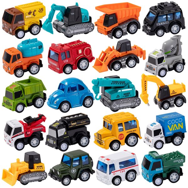 weilaga 20 Piece Die-Cast Pull Back City Cars and Trucks Toy Vehicles Set,Mini Friction Powered Alloy Metal Car Toy Playset Party Favor for Toddler Boy Girl