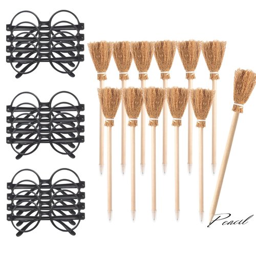 Party Supplies Kit - Black Glasses with Round Frame No Lenses,Broom Pencil for School Theme Birthday ,Halloween,Cosplay Costume Party Decor,12pcs each