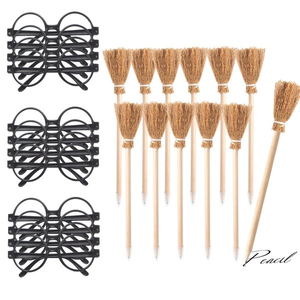 Party Supplies Kit - Black Glasses with Round Frame No Lenses,Broom Pencil for School Theme Birthday ,Halloween,Cosplay Costume Party Decor,12pcs each