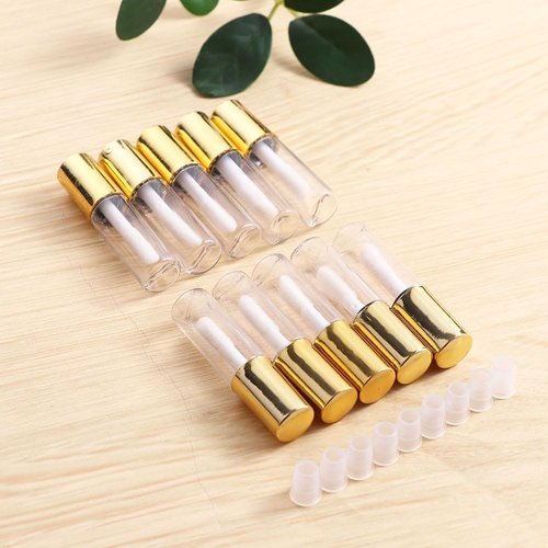 PurYupearl 10 Pcs Gold Clear Round DIY Empty Lipstick Bottle, 1.2ML Gloss Tubes Lipgloss Tubes Container with Cap,Cosmetic Sample Container Lip Gloss