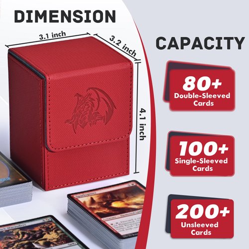 ZLCA Card Deck Box for Trading Cards with 2 Dividers, Card Storage Box Fits 100+ Single Sleeved Cards, PU Leather Strong Magnet Card Deck Case Holder for Magic Commander TCG CCG （Red,Emperor Dragon）