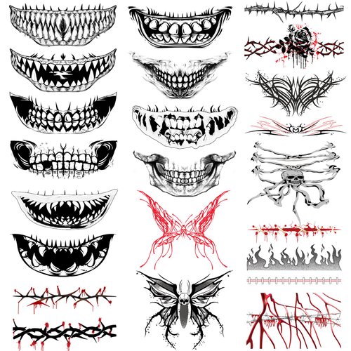 Tazimi Halloween Black Skull Mouth Temporary Tattoos Scary Neck Wound Fake Scar Realistic Tattoo Stickers Scary Scar Wound Zombie Mouth Tattoos for Halloween Trick Role-play Cosplay