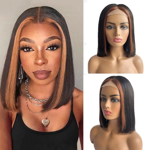 Munx Short Straight Highlight Human Hair Bob Wig for Black Women 14Inch 180% Density Straight Short Lace Front Wigs 4x1 Lace Front Human Hair Wigs Pre-Plucked Closure Wig