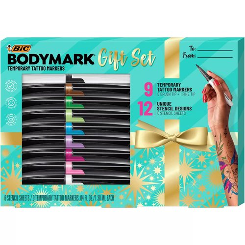 BIC BodyMark Temporary Tattoo Kit, 9 Markers & 6 Stencil Sheets