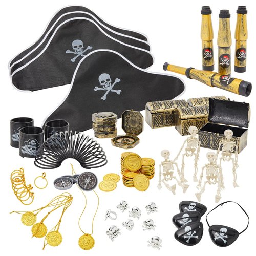 Juvale 100 Piece Set Pirate Birthday Party Supplies for Kids, Hat, Patch, Compass, Coins, Toys an...