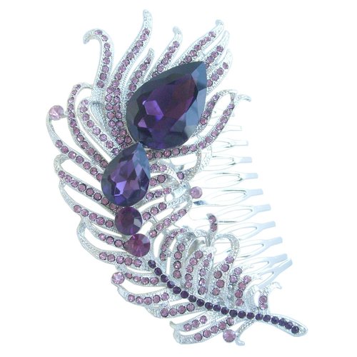 Sindary Wedding Headpiece 4.33" Rhinestone Crystal Bridal Peacock Feather Hair Comb (Silver-Tone Purple)