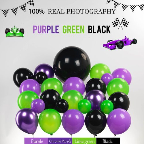 Truck Theme Purple and Green Black Balloon Garland Arch Kit with Big Wheels checkered star mylar foil balloons For Kids 2th 3th 4th Boy Birthday Truck Race Car Party Decorations