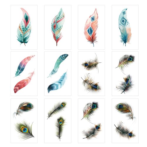 20 Pcs Small Feather Temporary Tattoos, Peacock Fake Tattoo Stickers for Women Girls Models Body Art Makeup
