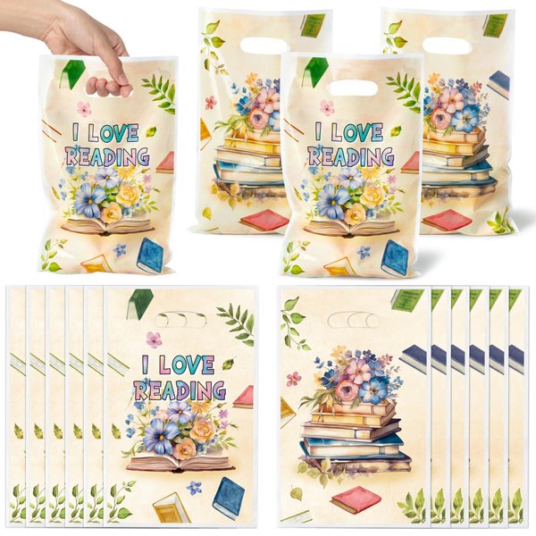 ArowlWesh Book Party Favor Bags - 50Pcs Plastic Floral Snack Candy Goodie Gift Bags with Handles Reading Book Themed Party Supplies Kids Birthday Club Decoration