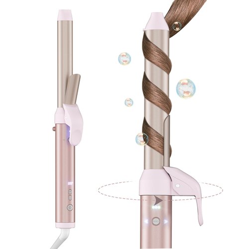 Rotating Curling Iron, 1 1/4 inch Automatic Curling Iron Instant Heat Ionic Curling Iron with Long Titanium Barrel for Long Hair, Professional Self Curling Wand Hair Curler, Pink
