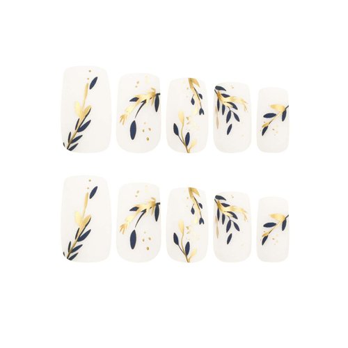 RUOKEXIN Nail Press ons White Press on Nails Medium Square Fake Nails with Glue Acrylic False Nails with Gold Blue Leaf Designs Glossy Artificial Fake Fingernails Spring Stick on Nails for Women 24Pcs