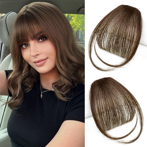 Bangs Hair Clip in Bangs for Women 100% Human Hair Wispy Bangs Fringe with Temples Hairpieces Clip on Air Bangs Flat Neat Bangs Hair Extension for Daily Wear (Medium Brown)