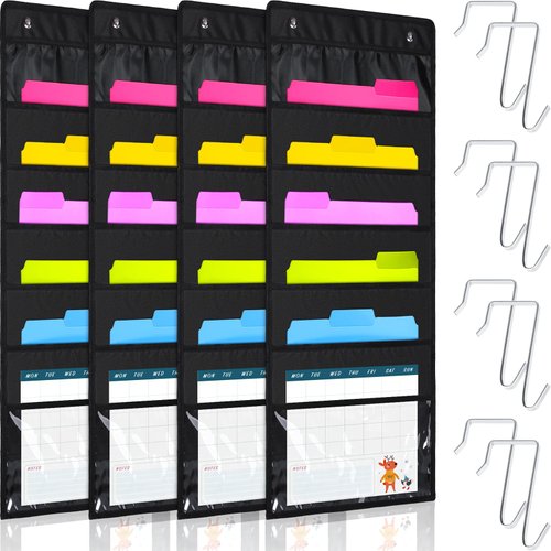 Fuutreo 4 Pack Wall Hanging File Organizer with 6 Pockets, Storage Pocket Chart Organizer Classroom Organizer Teacher Overdoor Hangers for School Office Homeschool Activities