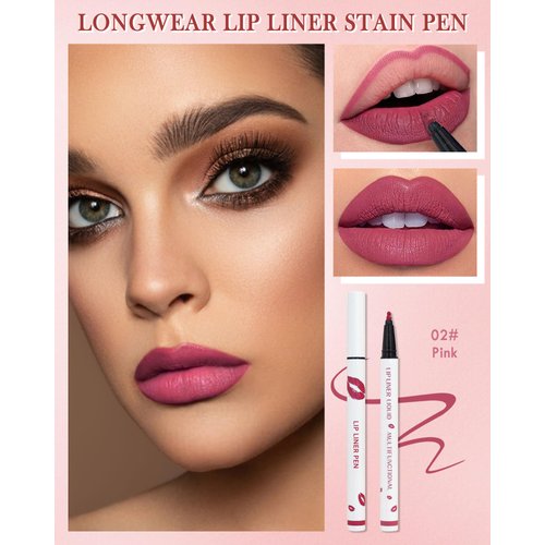 Lip Liner Stain Marker Pen-Pink Matte Waterproof Liquid Lipstick & Lip Liner Pencil, Long Lasting Smudge-Proof Non-Stick Cup Lip Tint Stain, Color Stay All Day, Lipstain Makeup Gift For Women-02#Pink