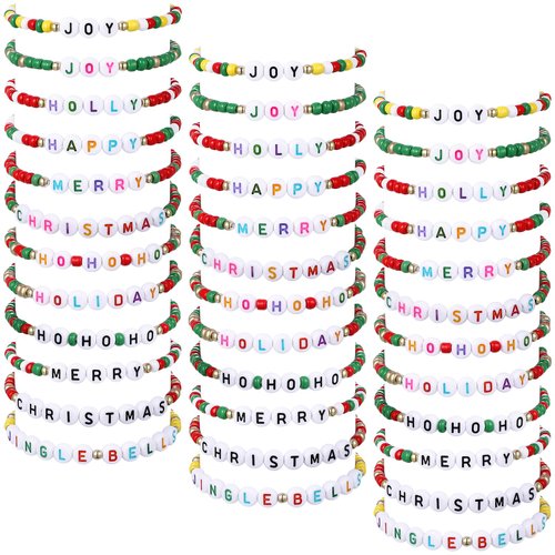 Cunno 36 Pcs Kids Friendship Bracelets for Girls Letter Heart Beads Bracelets Stretchy Cute Bracelet Pretend Play Beaded Bracelets Inspirational Bracelets for Kids (Jingle Bells)