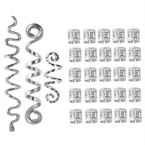 RDYKGOOG 28 Pieces Hair Accessory Set: Spiral Coils, Dreadlock Beads, Braids Rings, Clips, Metal Cuffs, Loc Hair Jewelry, Hair Wraps, Snake Hair Clips for Women and Girls (Silver)
