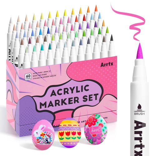 Arrtx 60 Colors Paint Markers Paint Pens, Acrylic Paint Pens for Artists Adults Coloring Drawing Cartoon Anime Comic - Brush Tip for Rock Painting, Wood, Canvas, DIY Crafts Making Art Supplies-60B