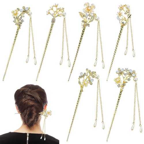 Dizila 6 Pack Vintage Retro Chinese Hanfu Glitter Rhinestone Gold Metal Hair Sticks Forks Crystal Pearl Flower Hair Chopsticks Hair Pins Accessories for Women Girls Updos Buns