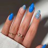 MISUD Press on Nails Short Almond Fake Nails Glossy Glue on Nails Summer Blue Acrylic Nails Stiletto Artificial Nails Cute Flower Stick on False Nails with Design 30pcs
