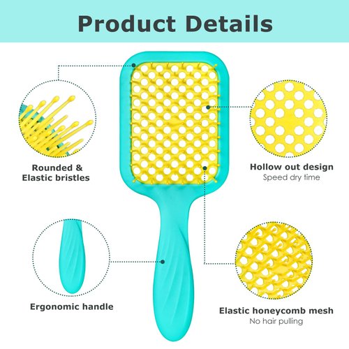 SHINLEA Vented Detangler Hair Brush for Curly Thick Hair, Women Hairbrush with Soft Wave-Shaped Bristles, Curl Detangling Brush for Swimming Beach (Yellow & Blue)