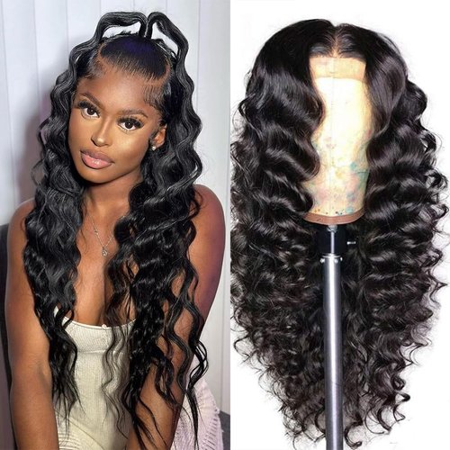 BINF Lace Front Wigs Human Hair Loose Deep Wave Lace Front Wig 13x4 Lace Frontal Loose Wave Wig Human Hair Pre Plucked Wet and Wavy Natural Hairline Black 30 Inch
