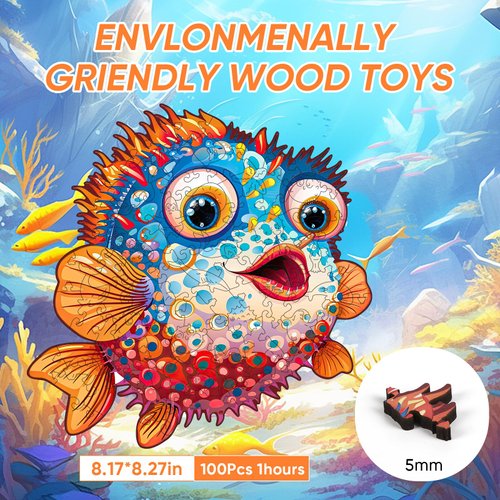 Jiroinlly Wooden Puzzles for Kids,100 Pieces Ocean Puzzle,Unique Fish Shaped Wooden Puzzle, Preschool Puzzle Toys, Give Your Kids/Grandchildren, Suitable for Family Games
