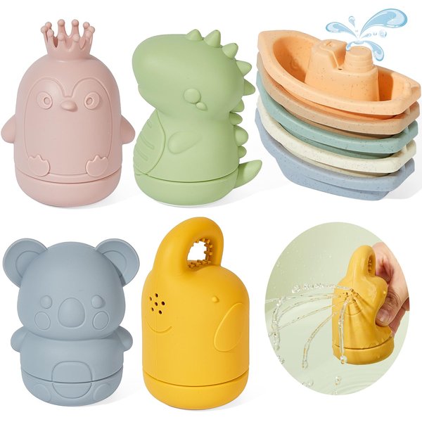Bath Toys Floating Boats with Silicone Bath Toys, 9 PCS Mold Free Baby Bath Toys for Infants 6-12-18 Months Bathtub Water Table Toys for Toddlers 1-3, Water Pool Toys for 1 2 3 4 Boys Girls Kids
