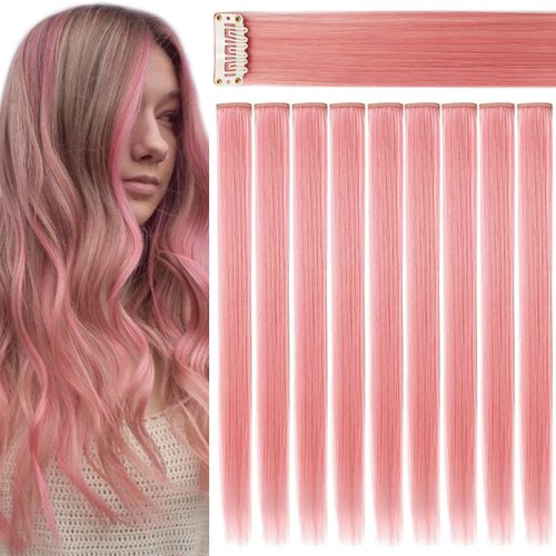 Rhyme 9 PCS Smoke Pink Hairpieces Colored Hair Extensions Clip in/on for America Girls and Women Wig Pieces Princess Party Highlight (Light Pink)