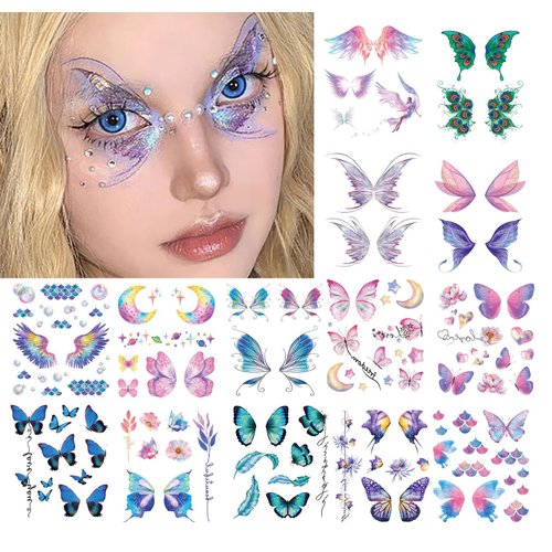 Generic 14 Sheets Glitter Butterfly Temporary Tattoos Sticker for Eye Face Makeup Decoration, Body art tattoo stickers Shiny Butterflies Waterproof Fake Tattoos Eye Decor