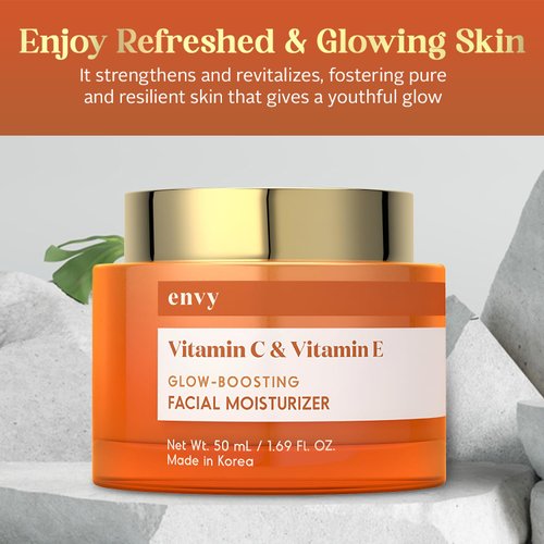 Envy Vitamin C & Vitamin E Face Moisturizer Cream - Reduce Acne Scars and Fine Lines, Hydrating, Anti-aging Day Cream - Cruelty Free Korean Skin Care For All Skin Types - 1.69 Fl. oz
