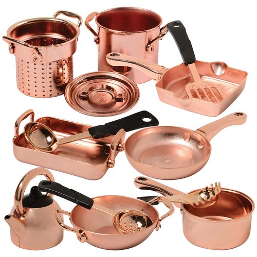 CP Toys 13 Piece Plastic Copper Look Cookware Set for Pretend Kitchen Play for Ages 3 Years and Up