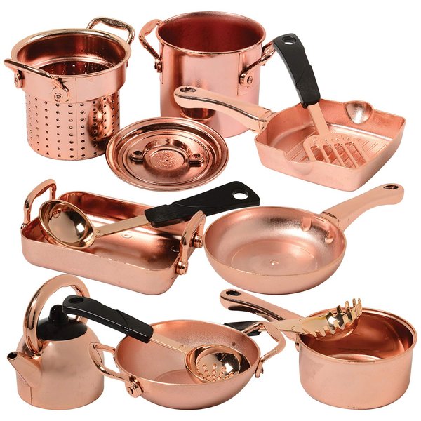 CP Toys 13 Piece Plastic Copper Look Cookware Set for Pretend Kitchen Play for Ages 3 Years and Up